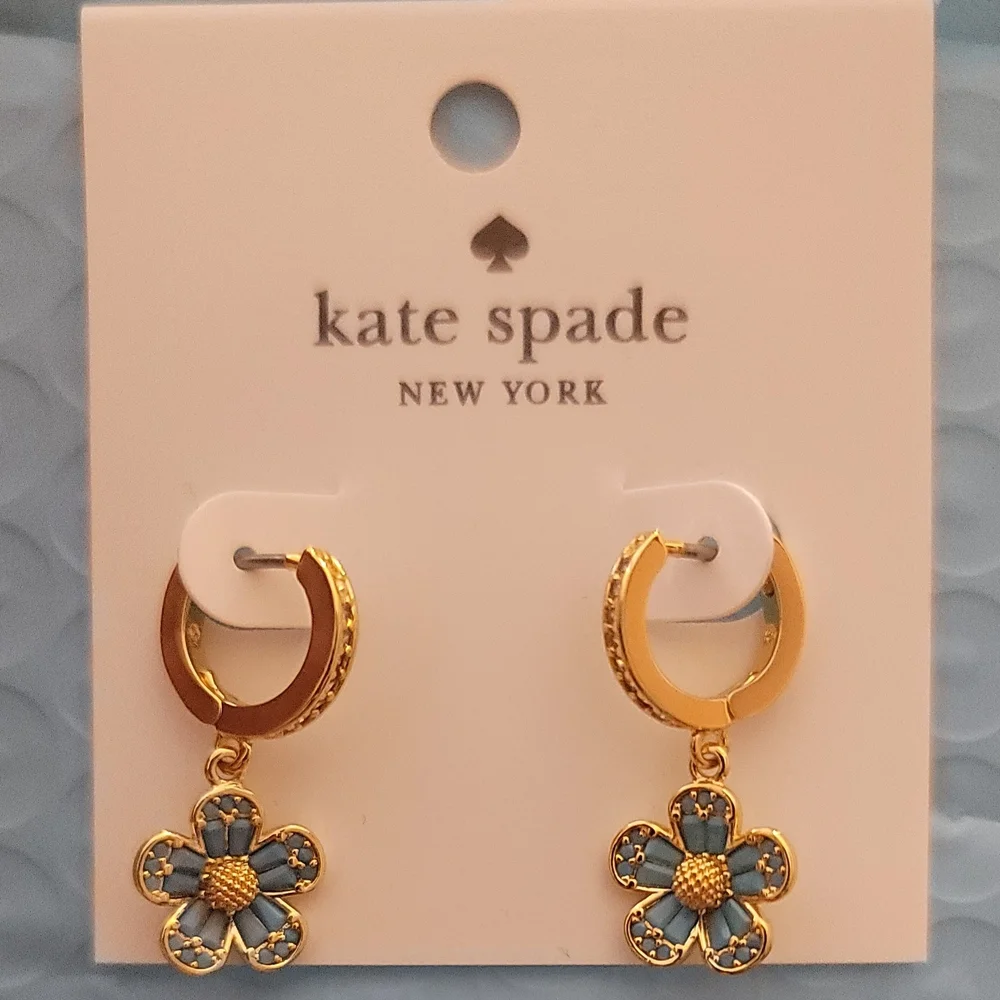 Kate Spade Blue Fleurette Huggie Hoop Drop Earrings - Picture 2 of 5